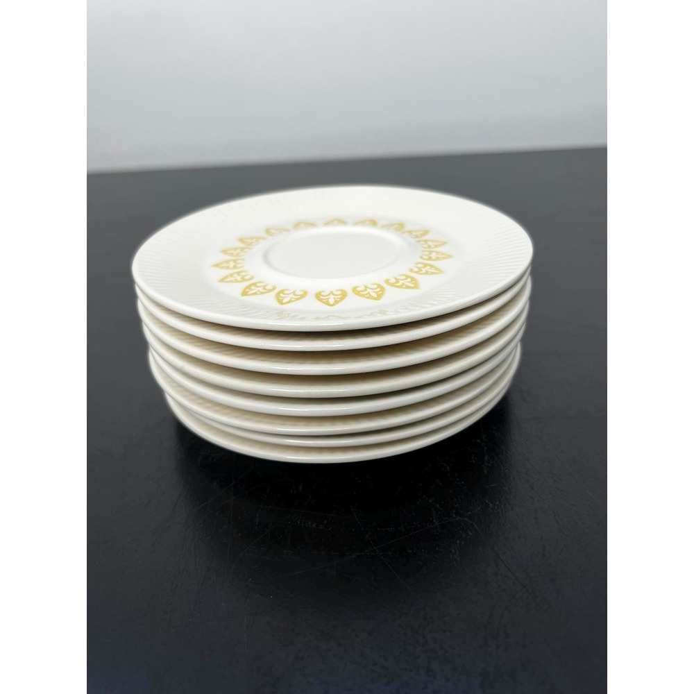Vintage Saucers Set of 8 Cream Mustard Yellow Fleur-de-Lis Ribbed 5.75"